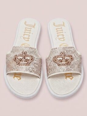 Juicy Couture White Slide Sandals with Gold Crystal Crown